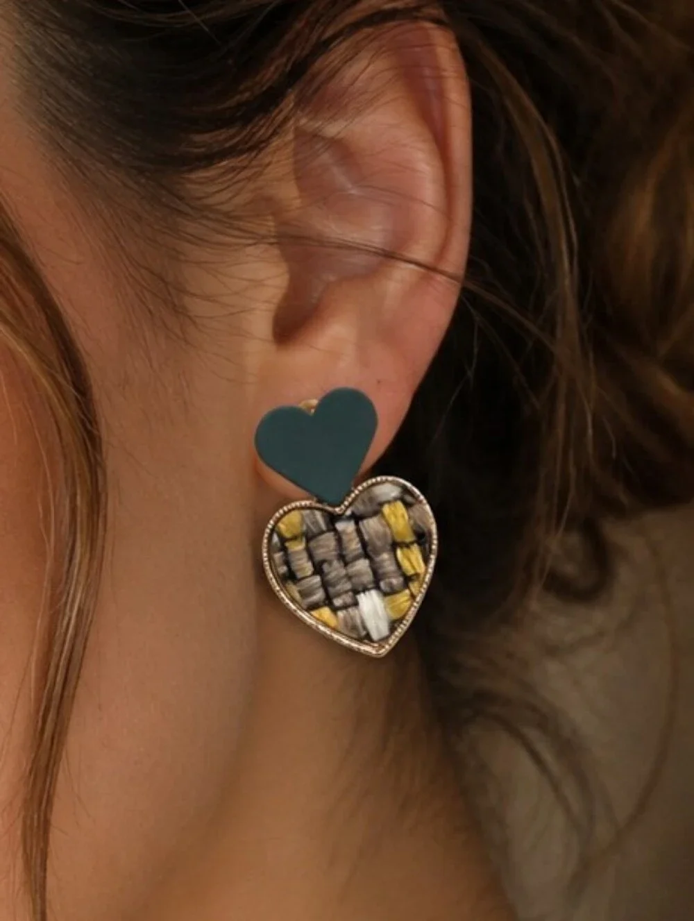Tweed Knit Patterned Green Enamled Double Heart Stacked Earrings Fashion Jewelry